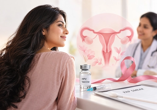 Woman consulting a gynaecologist about cervical cancer prevention, with an HPV vaccine vial and Pap smear form